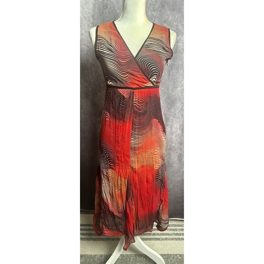 Y2K Yoo Ji-young Silk Red Abstract Wavy Print Handkerchief Hem Midi Dress S READ